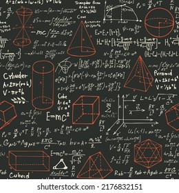 Abstract seamless pattern with black handwritten text mathematical formulas and equations and geometrical figures. Vector repeating background in style from the diary of a scientist