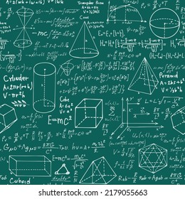 Abstract seamless pattern with black handwritten text mathematical formulas and equations and geometrical figures. Vector repeating background in style from the diary of a scientist