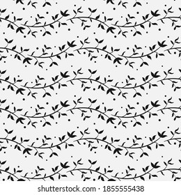 Abstract seamless pattern with black horizontal foliate twigs on white background; for greeting cards, invitations, posters, banners.