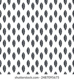 Abstract seamless pattern with black leaves on white background.