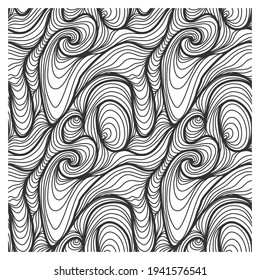 Abstract seamless pattern with black linear waves and the inscription soul. Design for backdrops and colouring book with sea, rivers or water texture.
