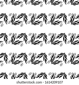 Abstract seamless pattern with black ornate white background. Ornament with leaves and whorls. Decorative vector stock illustration for posters, card, postcard, fabric. Doodle style. 