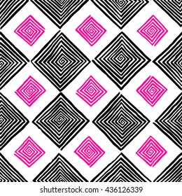 abstract seamless pattern of black and pink squares hand-drawn spirals