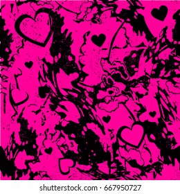 Abstract seamless pattern with black and pink marble texture and hearts. Monochrome repeated backdrop for girls, textile, clothes, wrapping paper. Creative original design. Romantic wallpaper.