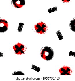 Abstract seamless pattern with black and red brush strokes, smears, splashes isolated on white background. Ink grunge texture. 	