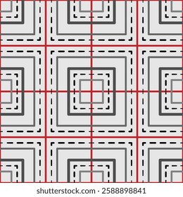 Abstract seamless pattern with black red squared. Mosaic square tile. Geometric grid pattern. Complicated texture background. Clear strict ornament. Minimalist design for wallpaper, textile, etc.