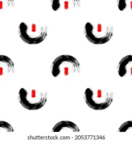 Abstract seamless pattern with black semi circle brush strokes and red lines isolated on white background. Ink grunge texture. Japanese style vector wallpaper.	