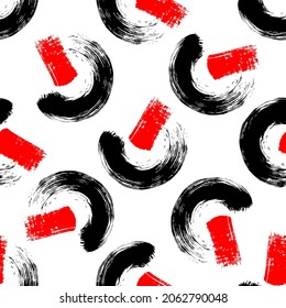 Abstract Seamless Pattern With Black Semi Circle Brush Strokes And Lines Isolated On White Background. Ink Grunge Texture. Vector Wallpaper.	