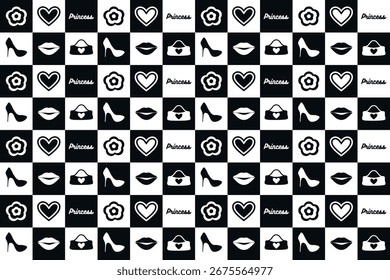 Patrón abstracto, sin fisuras de Formas negras, margaritas, corazón romántico, labios. cuadros de moda, lindos gráficos en un estilo moderno. para imprimir, publicidad, papel de regalo, Web, redes sociales. Arte vectorial 