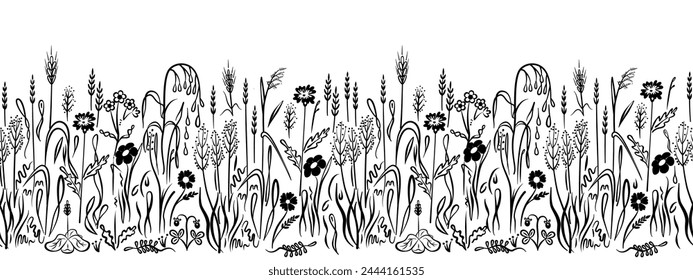 Abstract seamless pattern with black silhouettes of meadow wild herbs and flowers. Drawn in doodle style. Isolated on white background. Vector illustration.