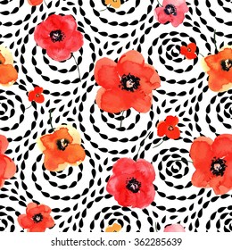 Abstract seamless pattern. Black spiral blots with isolated watercolor flowers. Vector illustration.