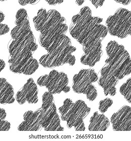 Abstract seamless pattern - black spots on white background, cow fur. Freehand drawing, sketch, doodle. Vector