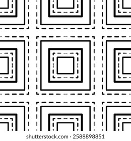 Abstract seamless pattern with black squared. Mosaic square tile. Geometric grid pattern. Complicated texture background. Clear strict ornament. Monochrome black design for web, textile, etc.
