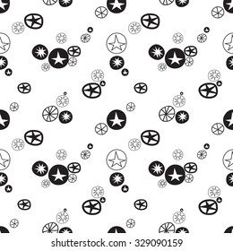 Abstract seamless pattern with black stars and circles on white background