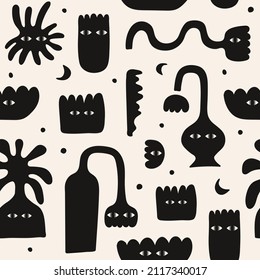 Abstract seamless pattern with black various strange vases and flowers. Trendy hand drawn fictional characters isolated on a light background.	