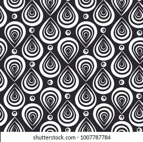 Abstract seamless pattern with black and white peacock feathers and round eyes. Monochrome elegant texture with psychedelic swirl elements for textile, wrapping paper, package, surface