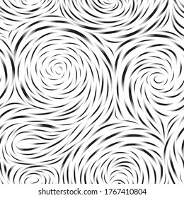 Abstract seamless pattern with black and white swirl line ornament. Geometric doodle texture. Ornamental wave optical effect backdrop.