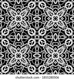 Abstract seamless pattern. Black and white greek background. Vector tribal celtic style repeat ornament. Branches with thorns, flowers, geometric shapes. Floral ethnic design. Greek key, meander.