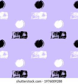 Abstract seamless pattern with black and white brush strokes isolated on purple background. Vector wallpaper.