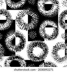 Abstract seamless pattern. Black and white background. Repeating geometric abstract pattern. Flowers ornament. Grunge strokes texture. Repeated floral brush stroke patern for design prints. Vector