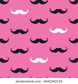 Abstract seamless pattern with black and white moustaches on pink background. Classic mustaches silhouettes. Vector illustration.