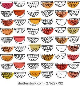 Abstract seamless pattern. Black and white hand drawn graphic with color spots.