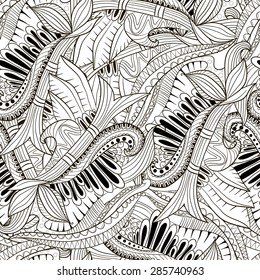 Abstract seamless pattern with black and white flowers