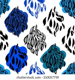 Abstract seamless pattern. Black and white hand drawn graphic with color spots. Can be used in textile, background for web.