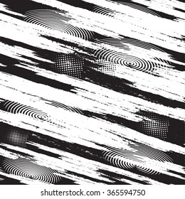 Abstract seamless pattern black and white with worn line, dots, lines. Grunge texture.