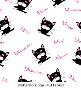 Abstract seamless pattern with black and white cat and text. Cute background with calico cat. Perfect pets for cover, card, fabric texture and wrapping paper. Stock vector illustration.