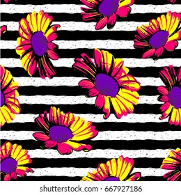 Abstract seamless pattern with black and white stripes and bright colorful chamomile. Floral wallpaper on repeated lines backdrop. Flowers decorative background for girls, clothes, wrapping paper