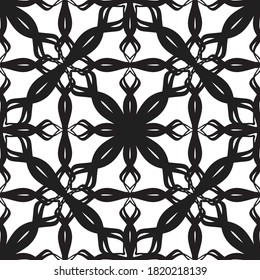 Abstract seamless pattern in black and white.Flat design.Black lace on a white background.Black and white graphics.Art nouveau.For decorating fabric, paper, Wallpaper, and packaging.