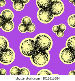 abstract seamless pattern with black and yellow hand drawn spheres on a violet background
