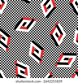 Abstract seamless pattern with black-white-red volumetric elements of Greek ornament on checkered black-and-white background. Decorative optical illusion. For fabric, wallpaper, home decor. Vector.