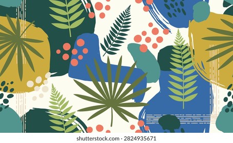 Abstract seamless pattern blends tropical palm fronds and fern leaves with artistic brush strokes and modern geometric shapes.
