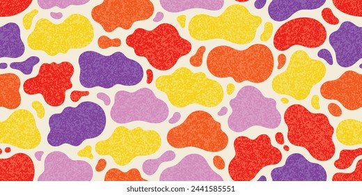 Abstract seamless pattern with blob shapes and watercolor texture. Modern graphic print with liquid organic shapes, bright paint splashes and spots. Trendy summer pattern, vector illustration