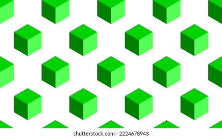 Abstract Seamless Pattern with Block Chain Style Green Cubes or Boxes in 3D Perspective View. Vector Image.