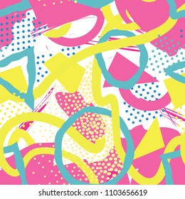 Abstract seamless pattern with blots and dots. Painted creative background. Artistic drawn background in 80s style.