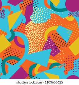 Abstract seamless pattern with blots and dots. Geometric dotted background. Ornamental white background in 1980s style.