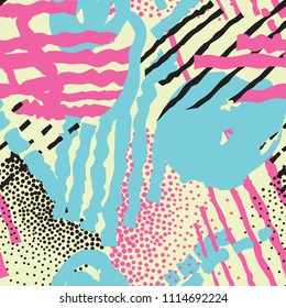 Abstract seamless pattern with blots and dots. Geometric dotted background. Ornamental white background in 1980s style.