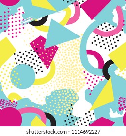 Abstract seamless pattern with blots and dots. Geometric dotted background. Ornamental white background in 1980s style.