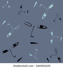 Abstract seamless pattern of blue and black faces on dark background cartoon style vector illustration