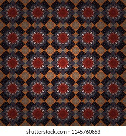 Abstract seamless pattern in blue, brown and black colors. Vector illustration. Ideal for printing on fabric or paper. Square scraps in oriental style.