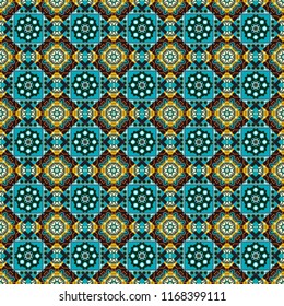Abstract seamless pattern in blue, brown and gray colors. Ideal for printing on fabric or paper. Square scraps in oriental style. Vector illustration.