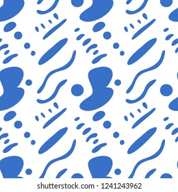 Abstract seamless pattern of blue color stains, dots and circles on the white background, vector backdrop for wrapping, print, wallpaper, package, web
