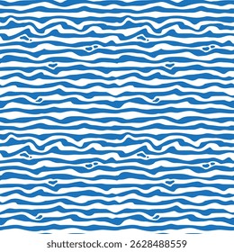 Abstract seamless pattern blue curved stripes on white background. Print, vector illustration