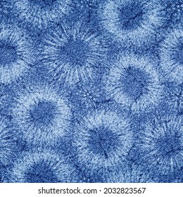 Abstract seamless pattern. Blue degrade denim with flowers pattern. Repeated dye tie background. Indigo dye tye backdrop. Faded effect patern. Repeating distress for design print. Vector printed