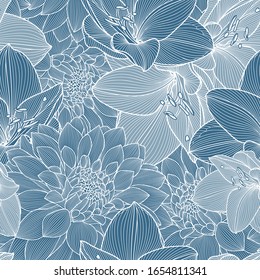 Abstract seamless pattern with blue flowers of dahlias and amaryllis. Vector illustration. Elements for design of wallpaper gift paper packaging.