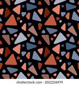 Abstract seamless pattern of blue, gray and red rounded shapes on black background. Texture of stone mosaic. Bright geometric design for textile or paper