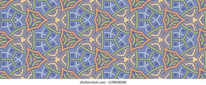 Abstract seamless pattern of blue, green, orange and yellow shades